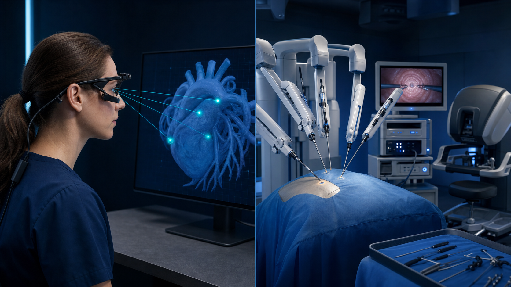 Eye-tracking analysis training with a head-mounted sensor system alongside a multi-arm surgical robot training environment.
