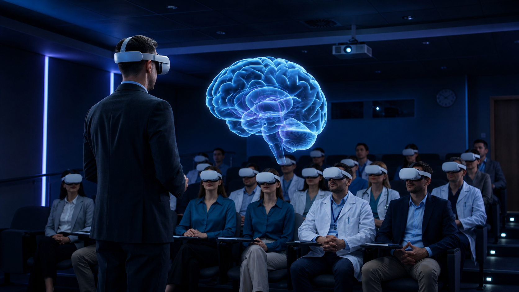 A medical educator leading a synchronized StereoMed XR anatomy session for learners wearing headsets.